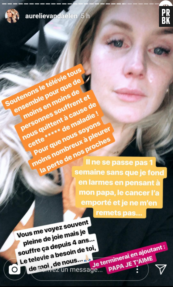 Aurélie Van Daelen en larmes sur Instagram Stories en évoquant la mort de son père