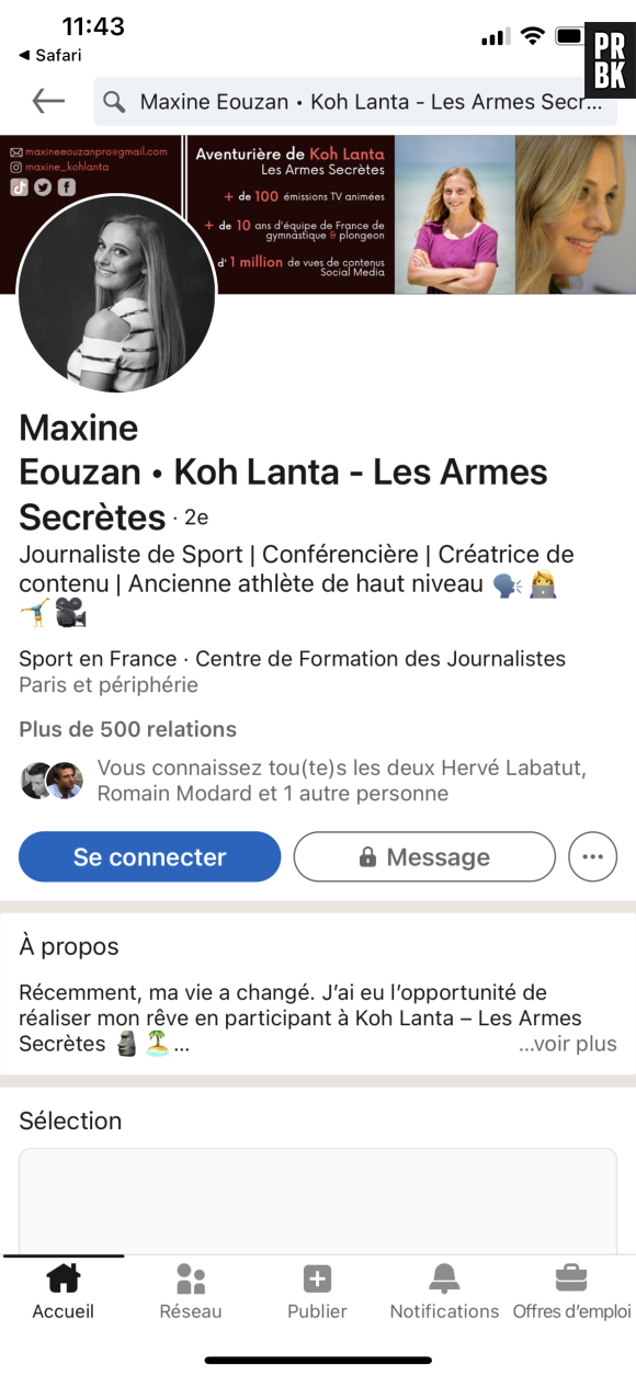 Koh Lanta 2021 : la page Linkedin de Maxine Eouzan