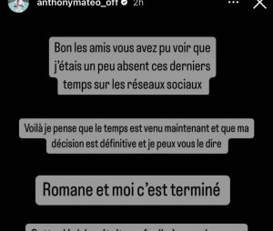 Anthony Matéo annonce sa rupture avec Romane