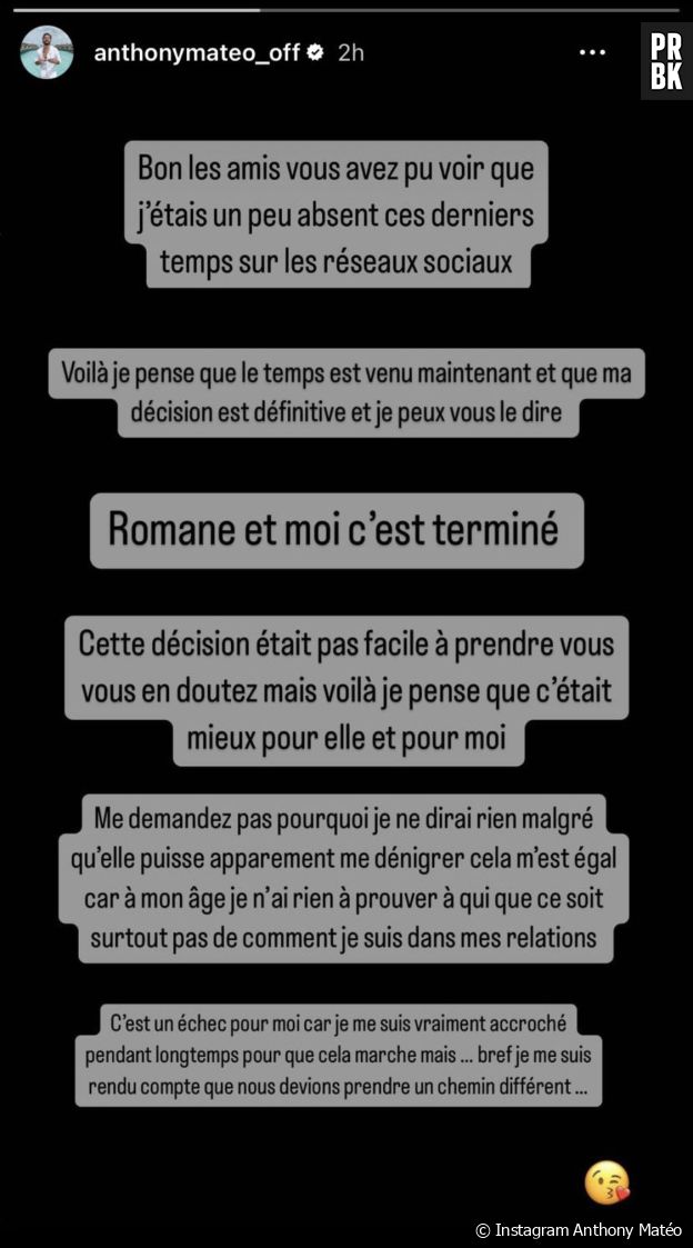 Anthony Matéo annonce sa rupture avec Romane