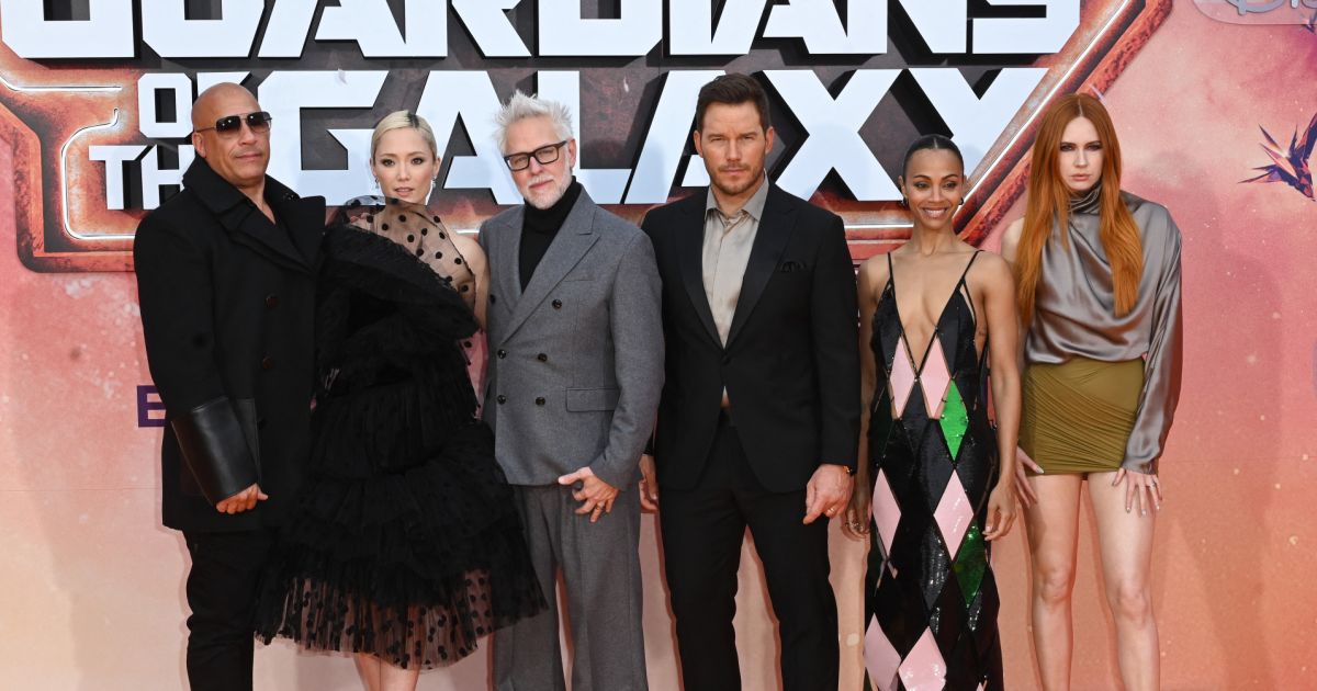 Vin Diesel, James Gunn et Pom Klementieff, Chris Pratt, Zoe Saldana, Karen Gillan à l'avant