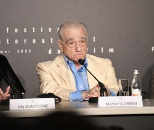 Lily Gladstone, Martin Scorsese à la conférence de presse du film Killers Of The Flower Moon" lors du 76ème Festival International du Film de Cannes le 21 mai 2023. © Pool / Bestimage 