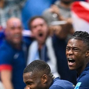 Kylian Mbappé, Marcus Thuram et Eduardo Camavinga - Match "France - Argentine (3-3 - tab 2-4)" en finale de la Coupe du Monde 2022 au Qatar, le 18 décembre 2022. © Philippe Perusseau / Bestimage 