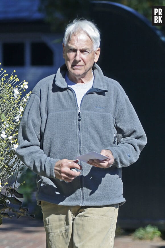 Exclusif - L'acteur Mark Harmon (NCIS) va chercher son courrier à Los Angeles le 3 novembre 2022.  Exclusive Los Angeles, CA, USA. November 03, 2022 Mark Harmon, 71, is seen checking his mailbox outside his Los Angeles home on the afternoon of November 3, 2022. The former star of NCIS wore a gray fleece top, gray t-shirt, khaki pants and sneakers.