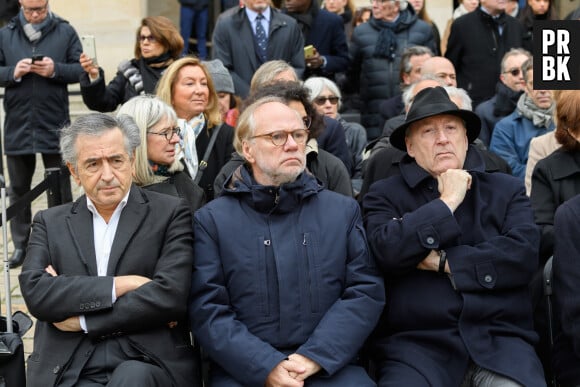 Bernard Henri Levy, Laurent Joffrin et Hubert Vedrine - Le président de la République française Emmanuel Macron durant la cérémonie d'hommage national au fondateur, directeur et éditorialiste du Nouvel Observateur Jean Daniel aux Invalides à Paris, France, le 28 février 2020. © Jacques Witt / Pool / Bestimage