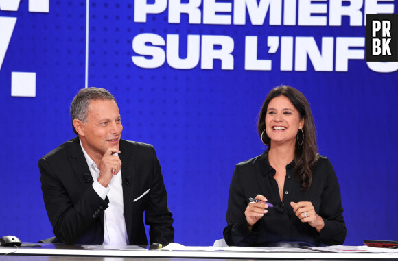 Marc-Olivier Fogiel et Apolline de Malherbe lors de la conférence de presse de rentrée BFM TV. - RMC du groupe Altice France à Paris, France, le 31 août 2023. © Coadic Guirec/Bestimage 