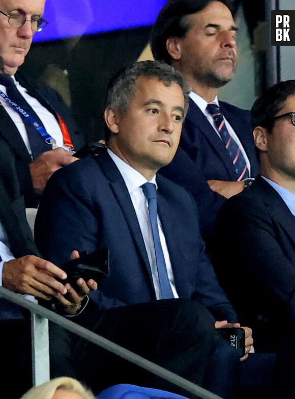 Gérald Darmanin, Ministre de l'intérieur - People dans les tribunes lors du match de Poule A de la Coupe du Monde de Rugby France 2023 entre la France et l'Uruguay (27-12) au stade Pierre-Mauroy à Lille le 14 septembre 2023. © Cyril Moreau-Dominique Jacovides/Bestimage