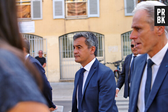 Le ministre est en déplacement à Ajaccio rencontre Stéphane Sbraggia, maire d'Ajaccio  Gérald Darmanin, ministre de l'Intérieur et des Outre-mer, en déplacement à Ajaccio, le 14 septembre 2023.