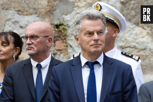 Le président de la République française Emmanuel Macron lors d'une cérémonie d'hommage aux résistants Fred Scamaroni et Danielle Casanova à Ajaccio, le 28 septembre 2023.© Raphaël Lafargue / Pool Bestimage 