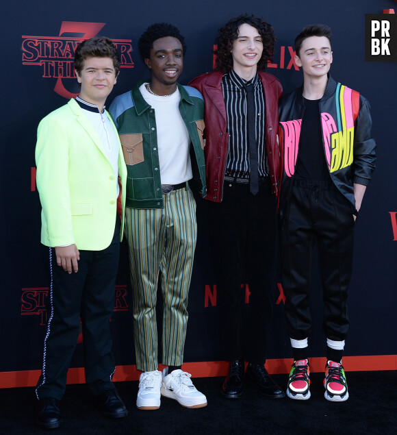 Gaten Matarazzo, Caleb McLaughlin, Millie Bobby Brown, Sadie Sink, Finn Wolfhard, Noah Schnapp à la première de la série Netflix "Stranger Things - Saison 3" à Los Angeles, le 28 juin 2019.