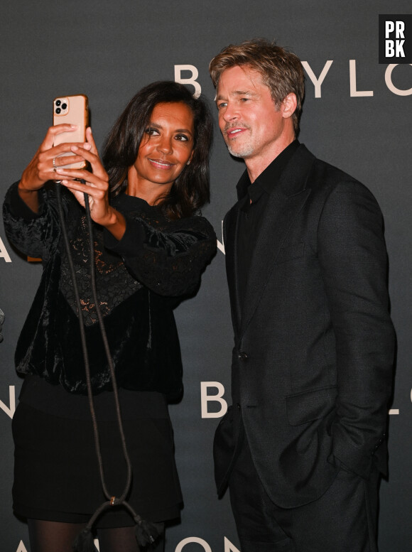 Brad Pitt et Karine Le Marchand à la première du film "Babylon" au cinéma Le Grand Rex à Paris, France, le 14 janvier 2023. © Coadic Guirec/Bestimage