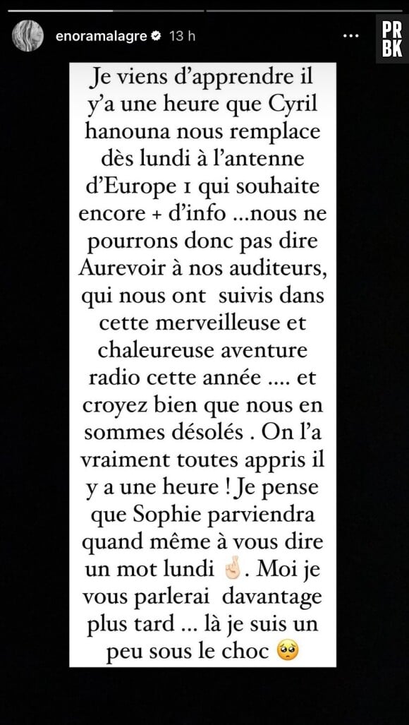 Enora Malagré réagit à l'arrivée de Cyril Hanouna sur Europe 1.