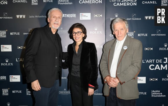 James Cameron, Rachida Dati, ministre de la Culture et Costa-Gavras lors du Vernissage de l’exposition "L'Art de James Cameron" à La Cinémathèque française à Paris le 3 avril 2024 © Guirec Coadic / Bestimage