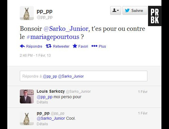 Louis Sarkozy se prononce pour le mariage gay sur Twitter. 