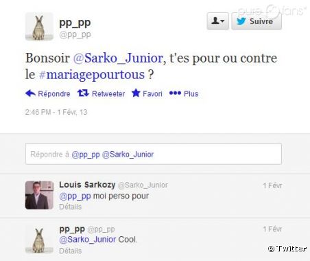Louis Sarkozy se prononce pour le mariage gay sur Twitter. 