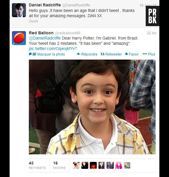 Le petit Gabriel corrige les fautes de Daniel Radcliffe sur Twitter
