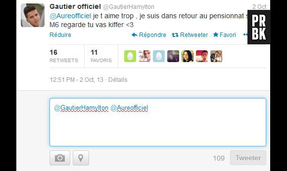 Retour au Pensionnat à la campagne : déclaration d'amour de Gautier à Aurélie Dotremont sur Twitter.