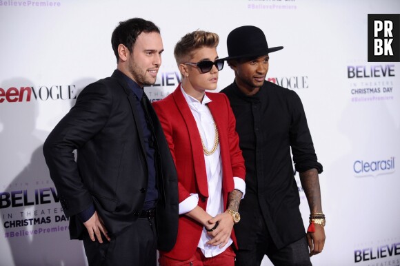 Justin Bieber, Scooter Braun et Usher pour l'avant-première du film Believe à Los Angeles, le 18 décembre 2013