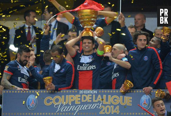 PSG : les joueurs fêtent la victoire en finale de la Coupe de la Ligue, le 19 avril 2014 au Stade de France