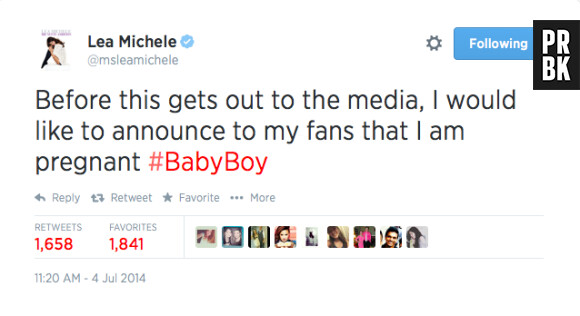 Le tweet de Lea Michele dans lequel "elle" annonce être enceinte