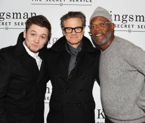 Taron Edgerton, Colin Firth et Samuel L. Jackson à une projection de Kingsman : Services Secrets en décembre 2014