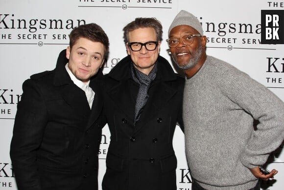 Taron Edgerton, Colin Firth et Samuel L. Jackson à une projection de Kingsman : Services Secrets en décembre 2014