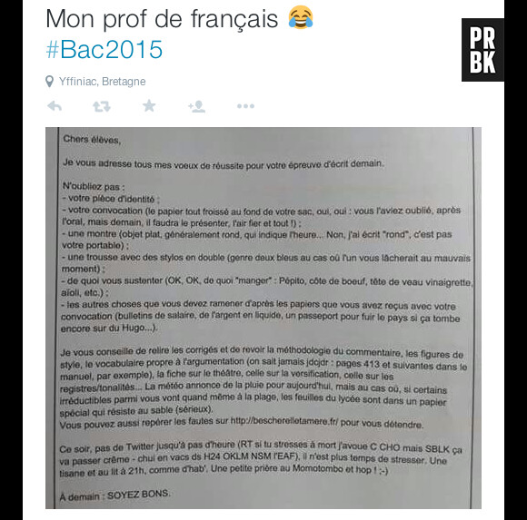 Bac 2015 : en Bretagne, ce prof de français et ses conseils à ses élèves font le buzz sur Twitter