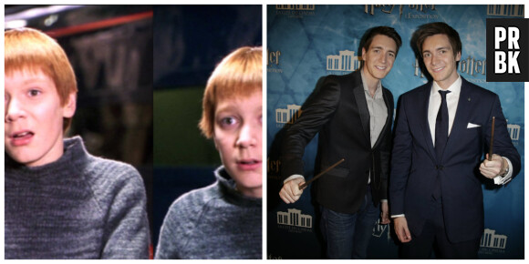 James Phelps et Oliver Phelps (Les jumeaux Weasley) : à gauche dans Harry Potter en 2001, à droite le 2 avril 2015 à l'expo Harry Potter en France