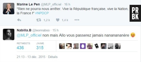 Nabilla Benattia se moque du FN de Marine Le Pen après les élections régionales 2015 en France, le 13 décembre 2015