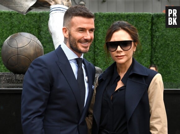 David Beckham et Victoria Beckham à l'inauguration de la vraie statue à l'effigie du footballeur, au stade du Los Angeles Galaxy.