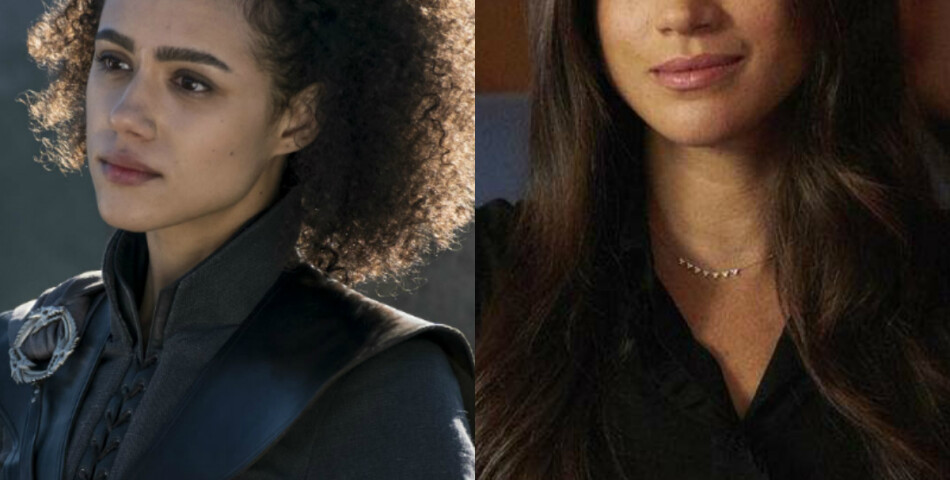 Missandei dans Game of Thrones (Nathalie Emmanuel) à gauche et Rachel Zane dans Suits (Meghan Markle) à droite
