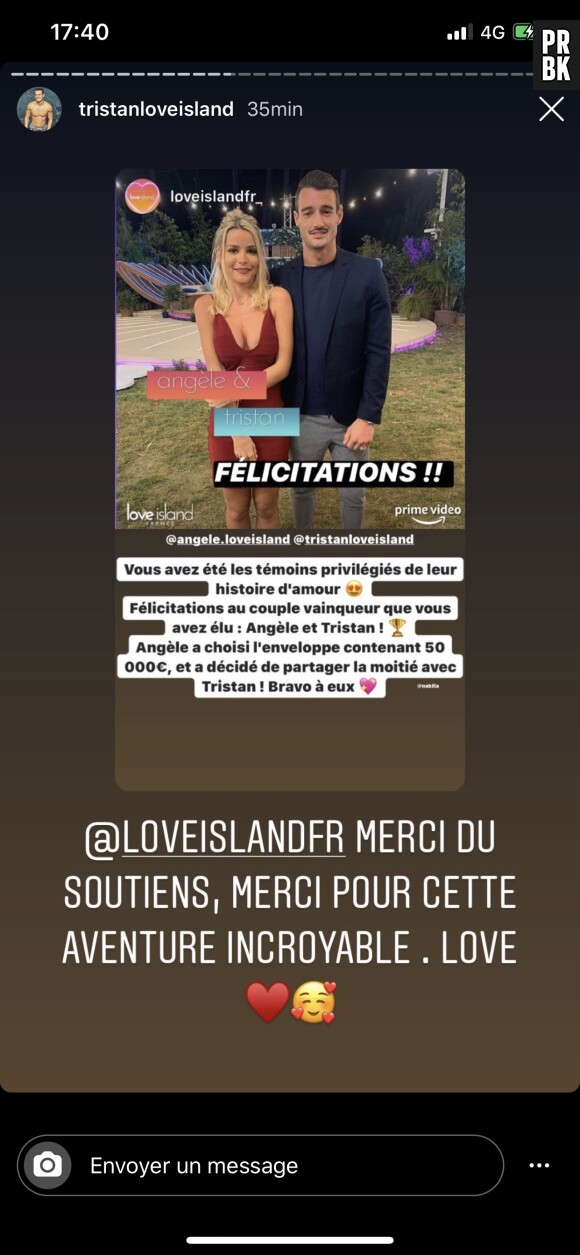 Love Island France : Tristant réagit à sa victoire avec Angèle