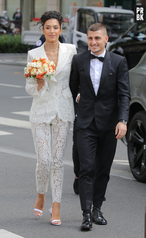 Marco Verratti et Jessica Aidi à la mairie de Neuilly-sur-Seine pour leur mariage, le 15 juillet 2021