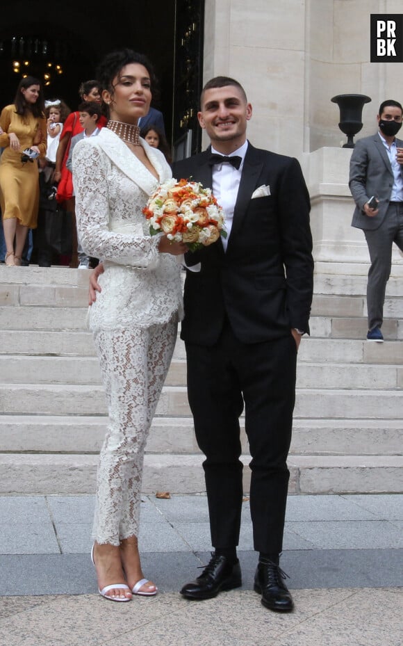 Marco Verratti et Jessica Aidi à la mairie de Neuilly-sur-Seine pour leur mariage, le 15 juillet 2021