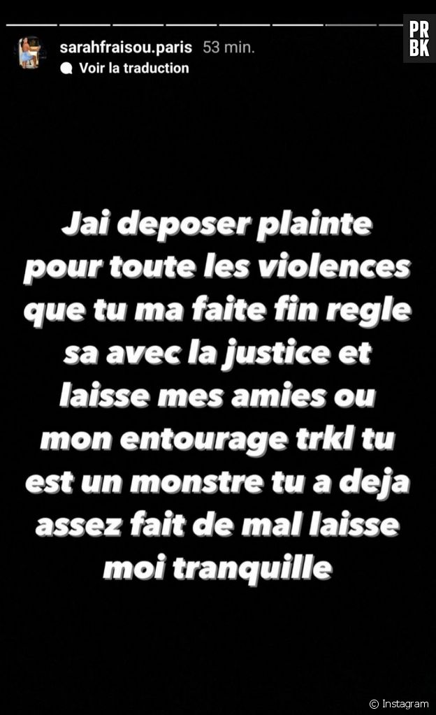 Sarah Fraisou annonce avoir porté plainte contre Ahmed en stories sur Instagram le 26 avril 2022