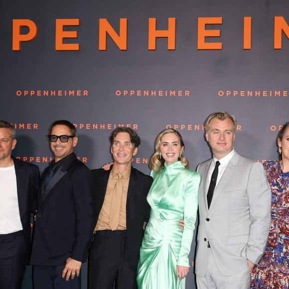 Trond Fausa Aurvaag, Matt Damon, Robert Downey Jr., Cillian Murphy, Emily Blunt, Christopher Nolan et sa femme Emma Thomas, Jason Clarke, Charles Roven (producteur) - Première du film "Oppenheimer" au Grand Rex à Paris le 11 juillet 2023. © Coadic Guirec/Bestimage 