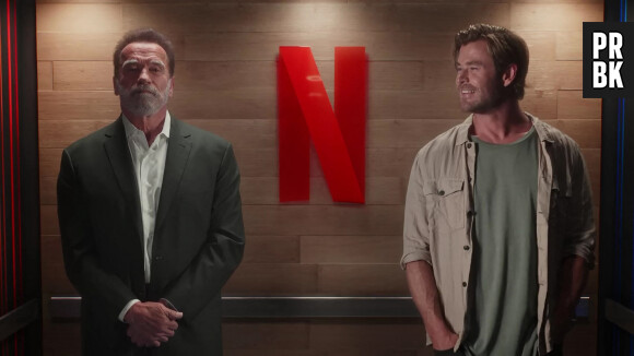 Arnold Schwarzenegger et Chris Hemsworth en promotion pour les productions Netflix "Fubar" et "Extractions 2".