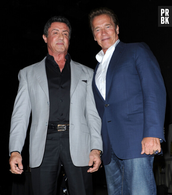 Sylvester Stallone , Arnold Schwarzenegger à la conférence de presse de The Expendables 2 à San Diego, le 12 juillet 2012.