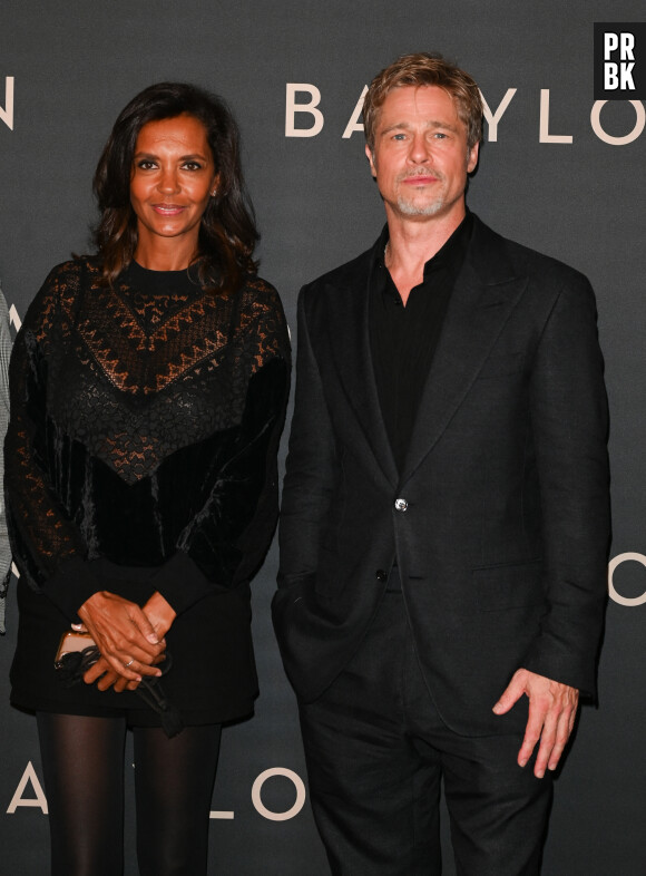 Brad Pitt et Karine Le Marchand à la première du film "Babylon" au cinéma Le Grand Rex à Paris, France, le 14 janvier 2023. © Coadic Guirec/Bestimage