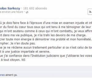Nicolas Sarkozy a réagit sur Facebook à sa mise en examen