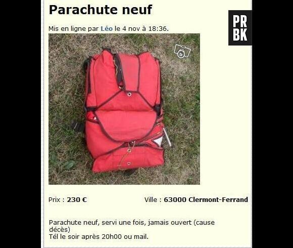 Un parachute neuf, "servi une fois, jamais ouvert (cause décès)" à vendre sur Le Bon Coin