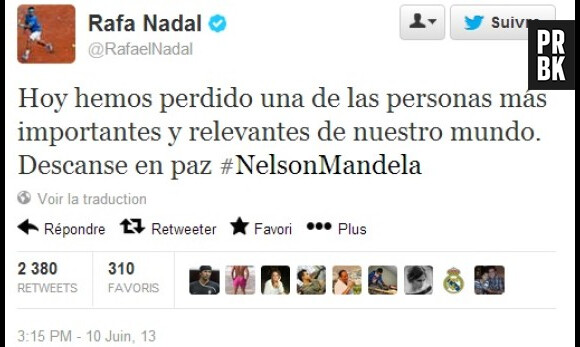 Rafael Nadal a rendu un hommage posthume à Nelson Mandela, alors qu'il est toujours en vie
