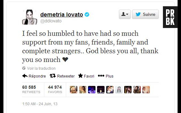 Demi Lovato remercie ses soutiens sur Twitter