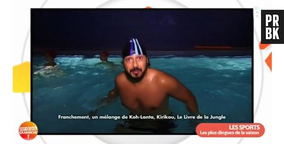 Est-ce que ça marche : Moundir en slip et bonnet de bain pour son reportage sur l'aqua-zumba