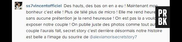 Secret Story 7 : la déclaration d'amour de Vincent Queijo à Alexia Mori sur Instagram.