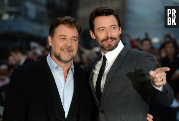 Russell Crowe et Hugh Jackman côte-à-côte sur le tapis rouge de Noé, le 31 mars 2014 à Londres