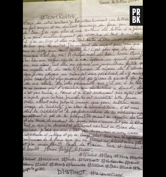 Rohff écrit à ses fans depuis sa prison dans une lettre publiée sur sa page Facebook