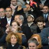 Youri Djorkaeff, Jamel Debbouze, Pierre Niney, Lilian Thuram et Louis Sarkozy dans les tribunes du Parc des Princes pour le match PSG-Chelsea, le 17 février 2015
