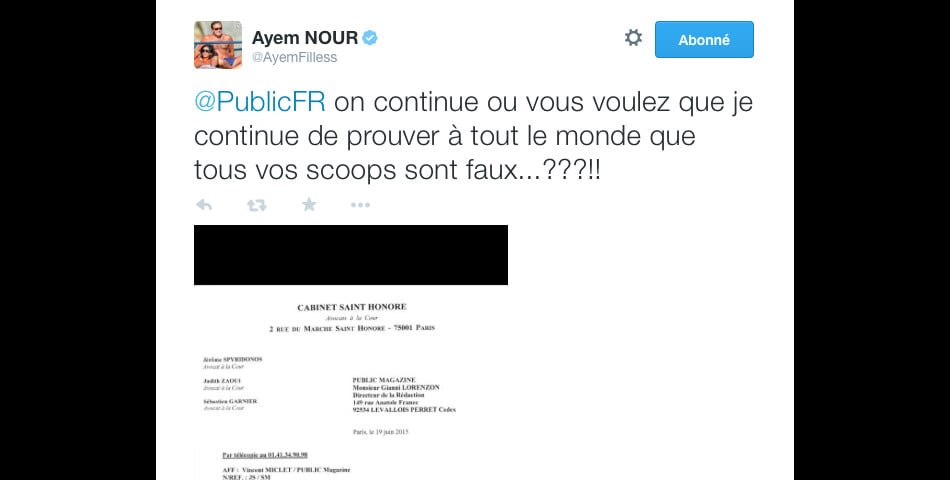Ayem Nour : une lettre (supposée) de l'avocat de Vincent Miclet sur Twitter  - Purebreak