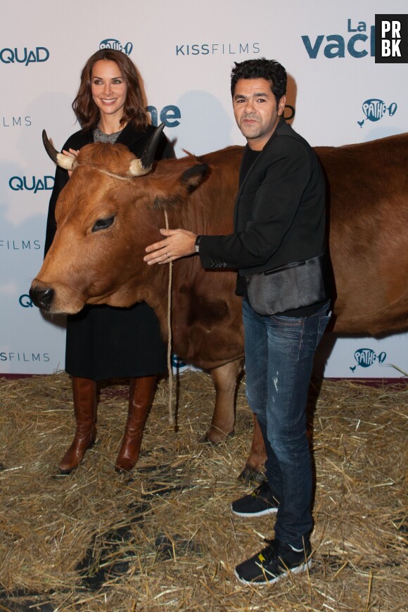 Mélissa Theuriau et Jamel Debbouze avec Jacqueline à l'avant-première du film La Vache au Pathé Wepler à Paris, le 14 février 2016